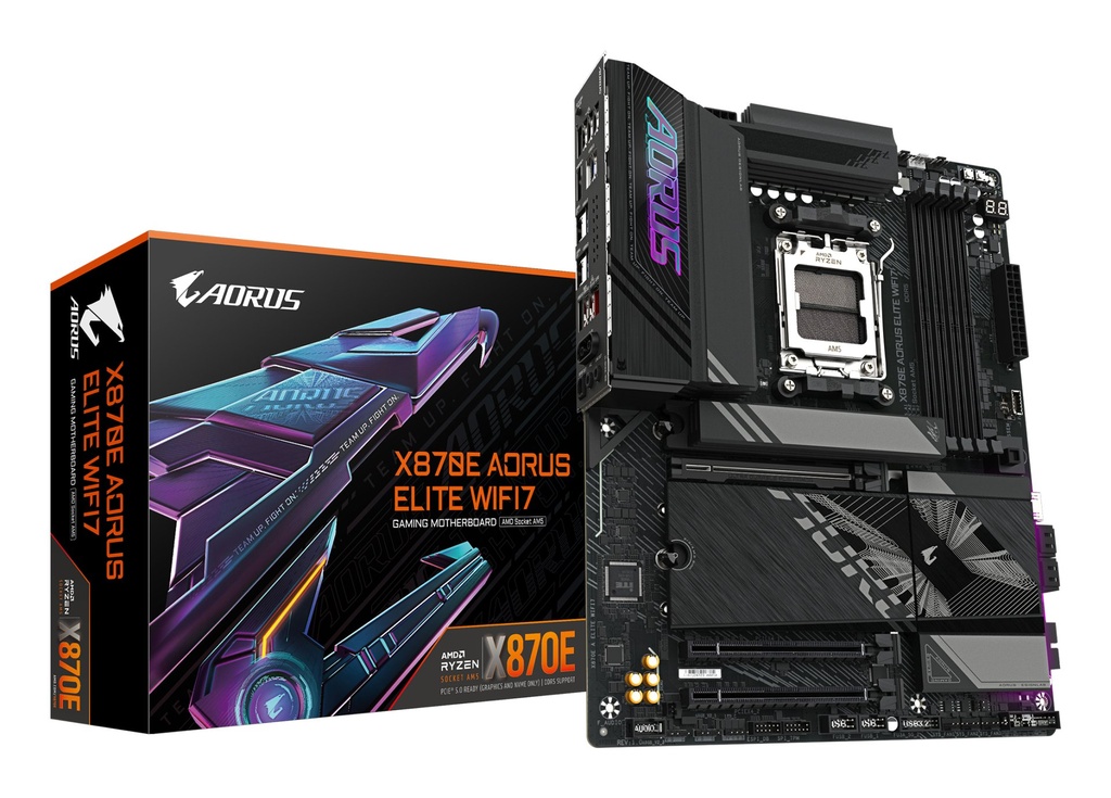 [X870E A ELITE WIFI7] GIGABYTE X870E AORUS ELITE WIFI7 Motherboard - Supports AMD Ryzen 9000 CPUs, 16+2+2 Phases Digital VRM, up to 8000Hz DDR5 (OC), 3xPCIe 5.0 + 1xPCIe 4.0, Wi-Fi 7, 2.5GbE LAN, USB 4