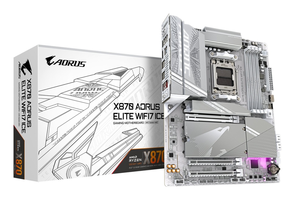 [X870 A ELITE WF7 ICE] GIGABYTE X870 AORUS ELITE WIFI7 ICE Motherboard - Supports AMD Ryzen 9000 CPUs, 16+2+2 Phases Digital VRM, up to 8200MHz DDR5 (OC), 3xPCIe 5.0 + 1xPCIe 4.0, Wi-Fi 7, 2.5GbE LAN, USB 4