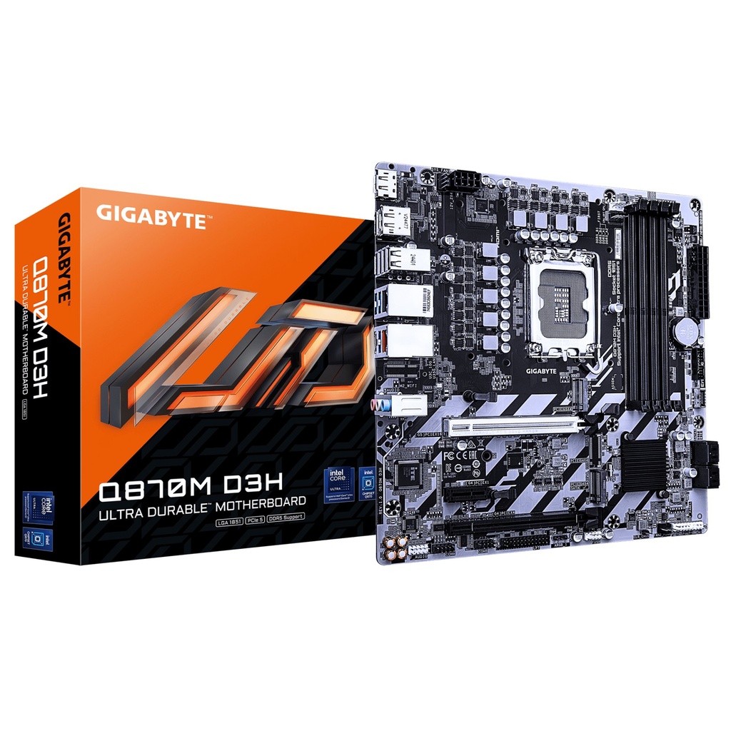 [Q870M D3H] GIGABYTE Q870M D3H Scheda Madre – CPU Intel Core Ultra (Serie 2), VRM a 4+1+2 fasi, fino a 6400 MHz DDR5 (O.C), 2× M.2 PCIe 4.0, LAN 2.5 GbE, USB 3.2 Gen 2
