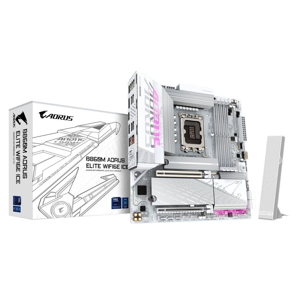 [B860M A ELT WF6E ICE] GIGABYTE B860M AORUS ELITE WF6E ICE Motherboard - Intel Core Ultra Series CPUs, 12+1+2+1 Phases VRM, up to 9200MHz DDR5, 1xPCIe 5.0 + 2xPCIe 4.0 M.2, 2.5GbE LAN, WIFI 6E, USB 4