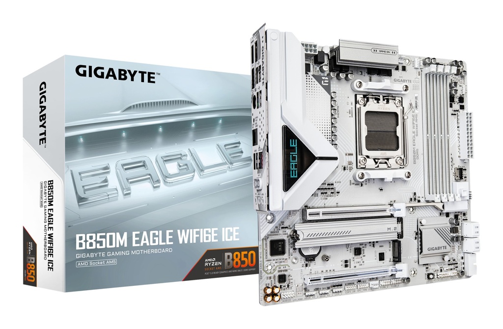 [B850M EAGLE WF6E ICE] GIGABYTE B850M EAGLE WIFI6E ICE Scheda Madre – CPU AMD Ryzen serie 9000, VRM digitale a 8+2+2 fasi, fino a 8200 MHz DDR5 (OC), 1 x M.2 PCIe 5.0 + 1 x PCIe 4.0, Wi-Fi 6E, LAN 2.5 GbE, USB 3.2 Gen 2