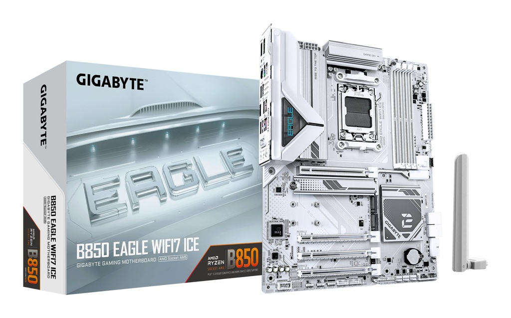 [B850 EAGLE WF7 ICE] GIGABYTE B850 EAGLE WIFI7 ICE Scheda madre - CPU AMD Ryzen serie 9000, VRM digitale a 8+2+2 fasi, fino a 8200 MHz DDR5 (O.C.), 1x M.2 PCIe 5.0 + 2x M.2 PCIe 4.0, Wi-Fi 7, LAN 2.5 GbE, USB 3.2 Gen 2