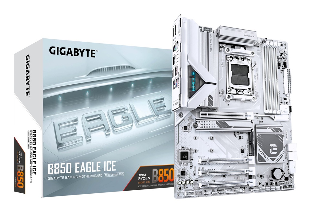 [B850 EAGLE ICE] GIGABYTE B850 EAGLE ICE Scheda Madre – CPU AMD Ryzen serie 9000, VRM digitale a 8+2+2 fasi, fino a 8200 MHz DDR5 (O.C), 1 x M.2 PCIe 5.0 + 2 x M.2 PCIe 4.0, LAN 2.5 GbE, USB 3.2 Gen 2