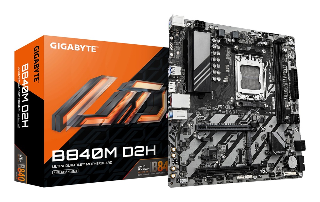 [B840M D2H] GIGABYTE B840M D2H Scheda madre - CPU AMD Ryzen 9000, VRM a 5+2+2 fasi, fino a 7600 MHz DDR5, 1xPCIe 4.0 + 1xPCIe 3.0 M.2, LAN 2.5GbE, USB 3.2 Gen 1