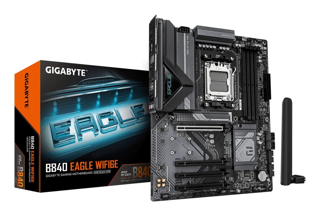 [B840 EAGLE WF6E] GIGABYTE B840 EAGLE WIFI6E Motherboard - AMD Ryzen 9000 CPUs, 8+2+2 Phases VRM, up to 8200MHz DDR5(O.C), 2xPCIe 4.0 + 1xPCIe 3.0 M.2, Wi-Fi 6E, 2.5GbE LAN, USB 3.2 Gen 2