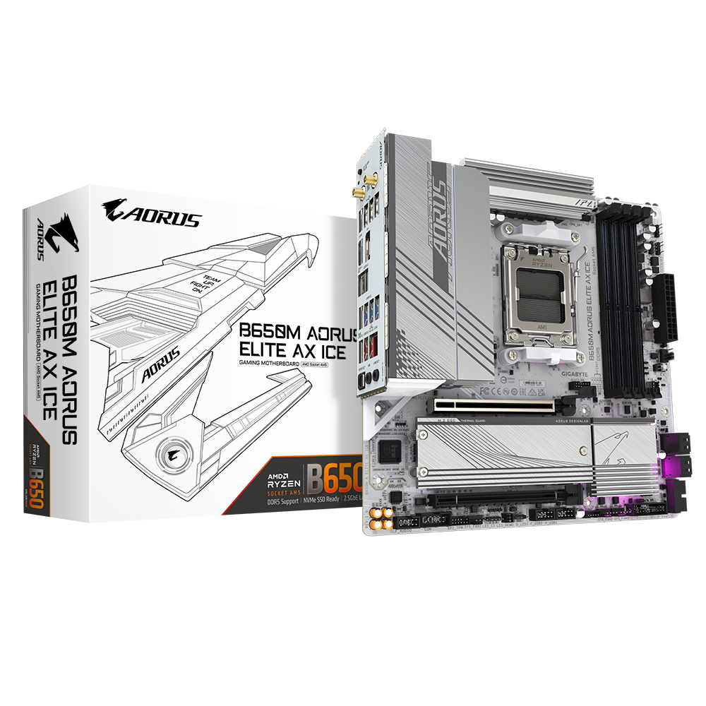 [B650M A Elite AX Ice] GIGABYTE B650M AORUS ELITE AX ICE Motherboard - AMD Ryzen 9000 Series CPUs, 12+2+2 Phases VRM, up to 8000MHz DDR5 (OC), 1xPCIe 5.0 + 1xPCIe 4.0 M.2, 2.5GbE LAN, WIFI 6E, USB 3.2 Gen 2x2