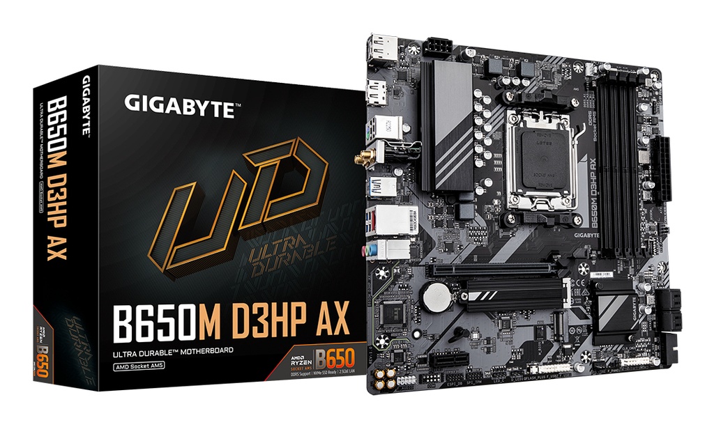 [B650M D3HP AX] GIGABYTE B650M D3HP AX Motherboard - AMD Ryzen 9000 Series CPUs, 5+2+2 Phases VRM, up to 8000MHz DDR5 (OC), 2xPCIe 4.0 M.2, WIFI 6E, 2.5GbE LAN, USB 3.2 Gen 1