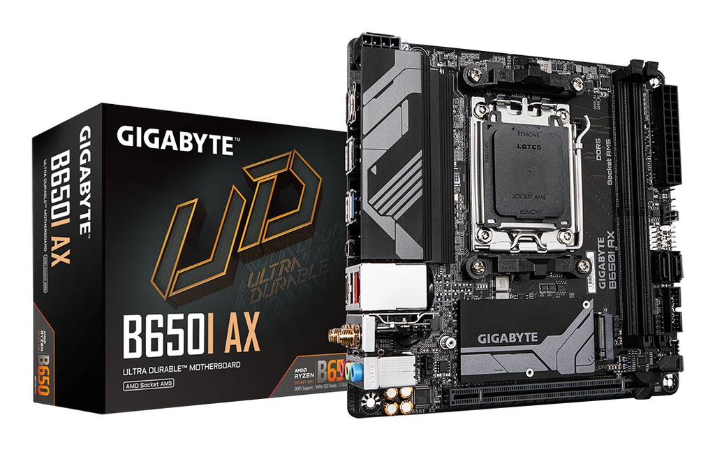 [B650I AX] GIGABYTE B650I AX Motherboard - AMD Ryzen 9000 Series CPUs, 5+2+1 Phases VRM, up to 6400MHz DDR5 (OC), 1xPCIe 4.0 M.2, 2.5GbE LAN, WIFI 6E, USB 3.2 Gen 2