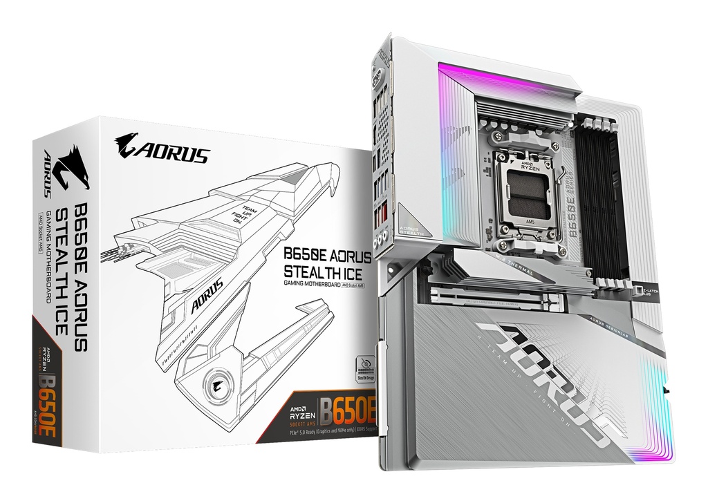[B650E A STEALTH ICE] GIGABYTE B650E AORUS STEALTH ICE Motherboard - AMD Ryzen 9000 Series CPUs, 12+2+2 Phases VRM, up to 8000MHz DDR5 (OC), 1xPCIe 5.0 + 2xPCIe 4.0 M.2, 2.5GbE LAN, WIFI 7, USB 3.2 Gen 2x2