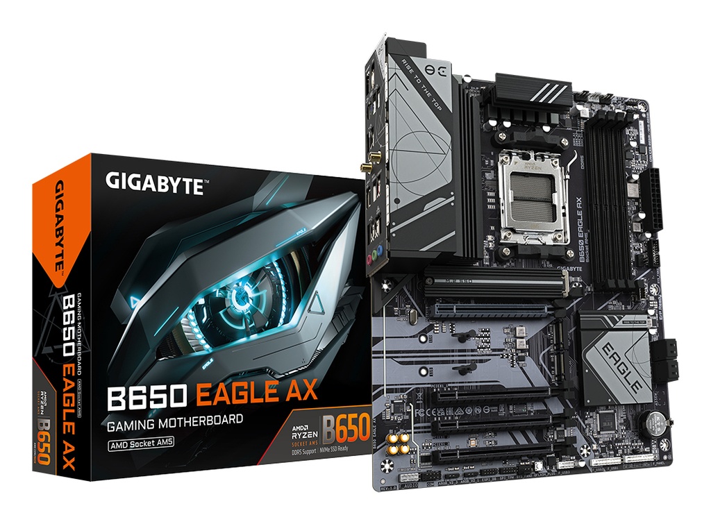 [B650 EAGLE AX] GIGABYTE B650 EAGLE AX Motherboard - AMD Ryzen 9000 Series CPUs, 12+2+2 Phases VRM, up to 7600MHz DDR5 (OC), 1xPCIe 5.0 + 2xPCIe 4.0 M.2, GbE LAN, WIFI 6E, USB 3.2 Gen 2