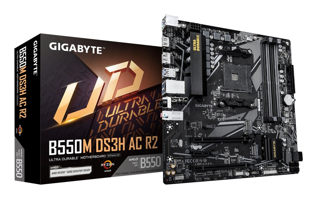 [B550M DS3H AC R2] GIGABYTE B550M DS3H AC R2 Scheda madre - CPU AMD Ryzen 5000, VRM a 5+3 fasi, fino a 4733 MHz DDR4 (O.C.), 1x M.2 PCIe 4.0 + 1x M.2 PCIe 3.0, Wi-Fi 5, LAN 1 GbE, USB 3.2 Gen 1