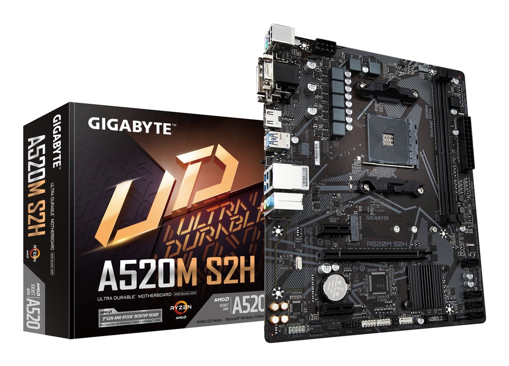 [A520M S2H] GIGABYTE A520M S2H Motherboard - Supports AMD Ryzen 5000 Series AM4 CPUs, 4+3 Phases Pure Digital VRM, up to 5100MHz DDR4 (OC), PCIe 3.0 x4 M.2, GbE LAN, USB 3.2 Gen 1