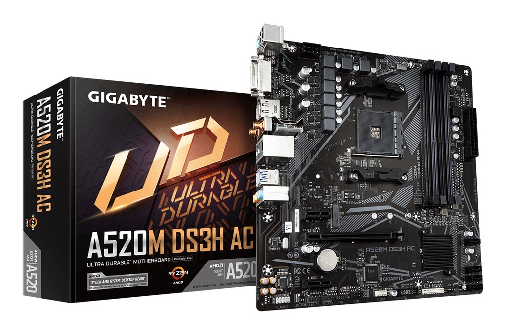 [A520M-DS3H AC] GIGABYTE A520M DS3H AC Motherboard - AMD Ryzen 5000 Series CPUs, 5+3 Phases VRM, up to 4733MHz DDR5 (OC), 1xPCIe 3.0 M.2, GbE LAN, WIFI 5, USB 3.2 Gen 1