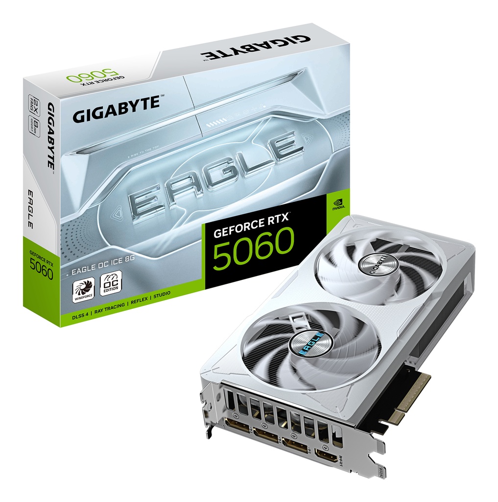 [GV-N5060EAGLEOC ICE-8GD] GIGABYTE GeForce RTX 5060 EAGLE OC ICE 8G Scheda Grafica - 8GB GDDR7, 128bit, PCI-E 5.0, 2550 MHz Frequenza core, 3 x DisplayPort, 1 x HDMI, GV-N5060EAGLEOC ICE-8GD