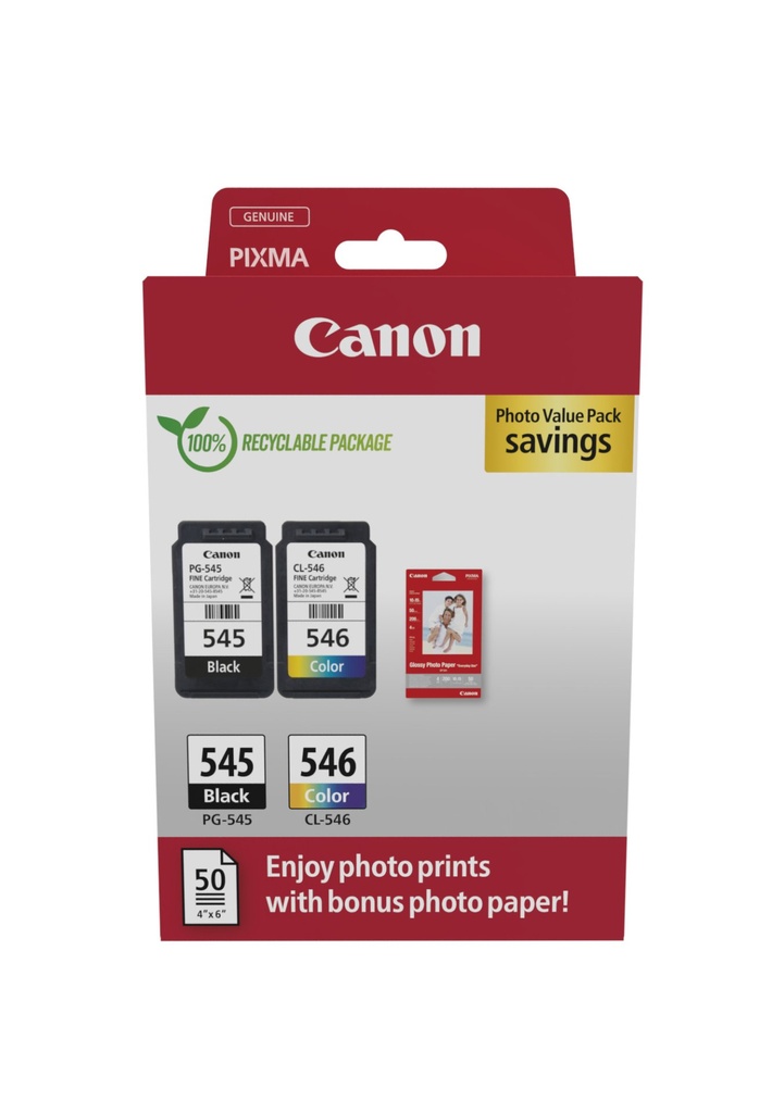 ORIGINAL Canon Value Pack nero / differenti colori / Bianco PG-545 + CL-546 + 10x15 cm Fotopapier 50 Blatt ~360 Seiten