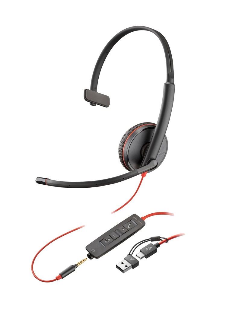 [8X227AA] HP Poly Cuffie monoaurali Poly Blackwire 3215 con connettore USB-C + spina da 3,5 mm + adattatore USB-C/A