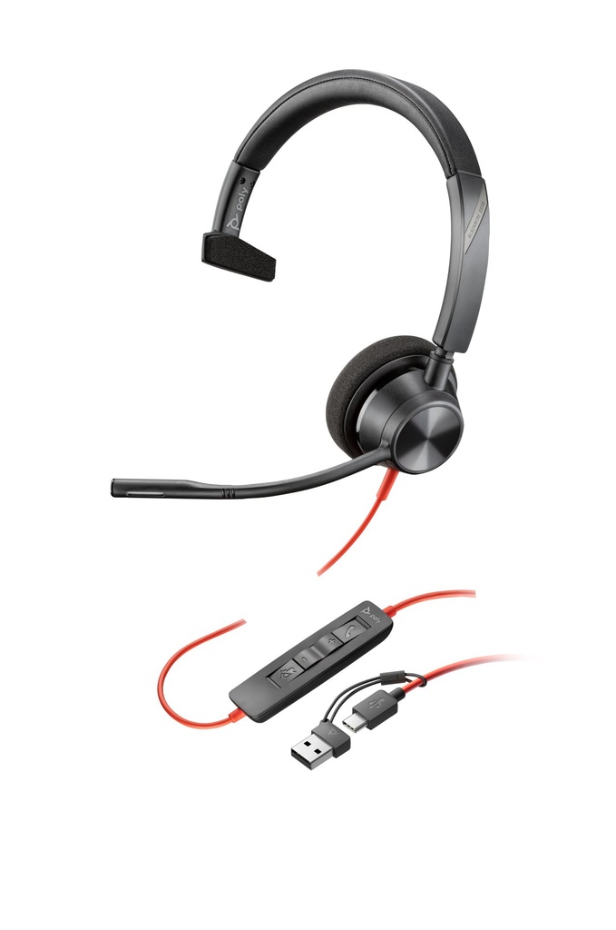 HP Poly Cuffie monoaurali Poly Blackwire 3310 con connettore USB-C + adattatore USB-C/A