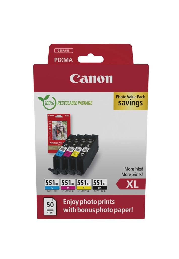 ORIGINAL Canon Value Pack nero / ciano / magenta / giallo CLI-551 XL + 10x15 cm Fotopapier 50 Blatt ~2800 Seiten
