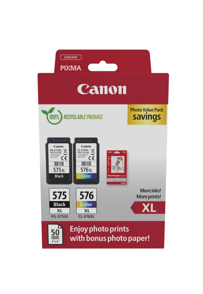 ORIGINAL Canon Value Pack nero / differenti colori / Bianco PG-575XL+CL-576XL + 10x15 cm Fotopapier 50 Blatt ~700 Seiten
