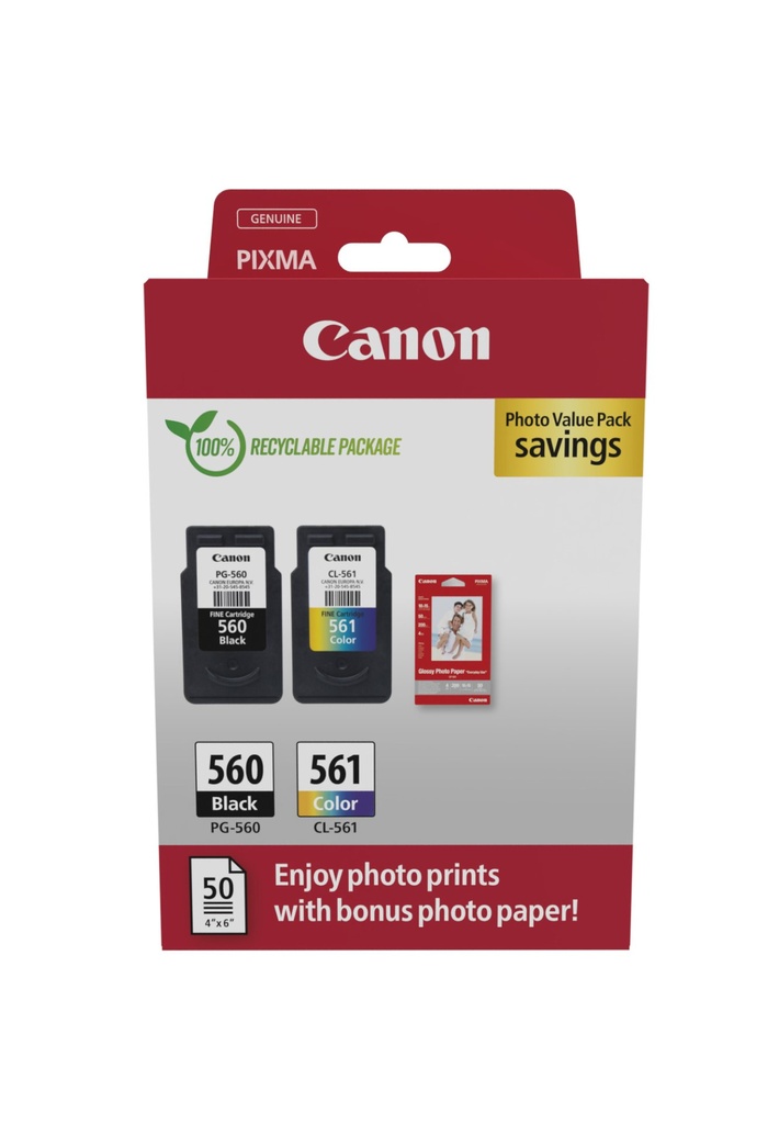 [3713C008] ORIGINAL Canon Value Pack nero / differenti colori / Bianco PG-560+CL-561 + 10x15 cm Fotopapier 50 Blatt ~360 Seiten